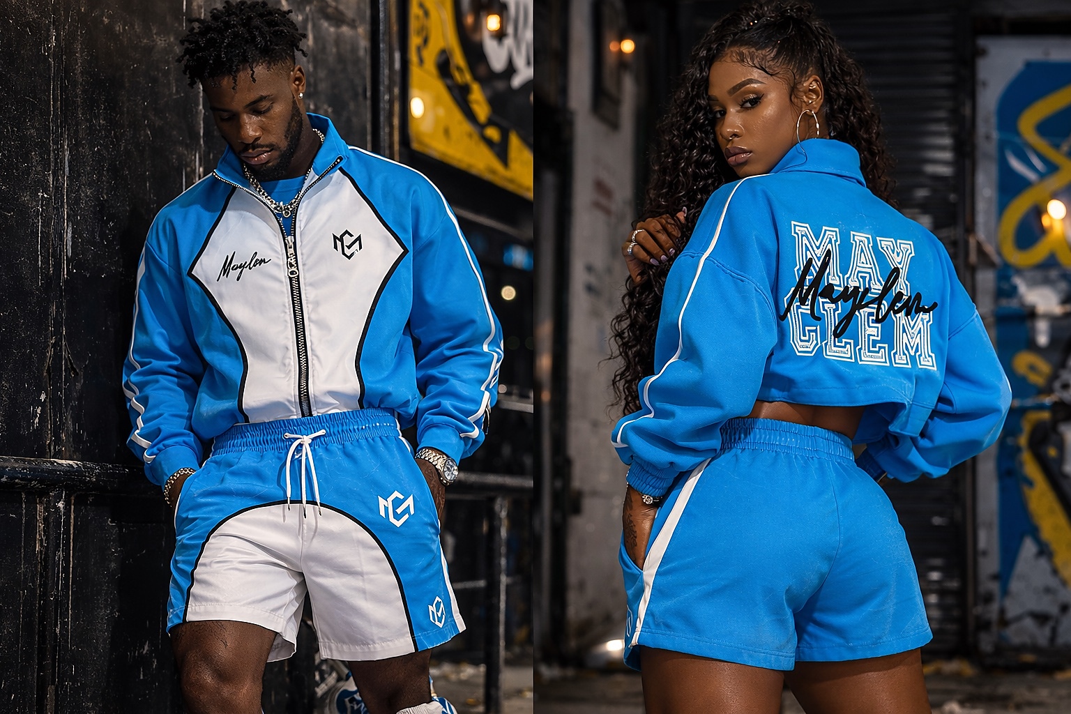MAYCLEM blue signature jacket and shorts set on models